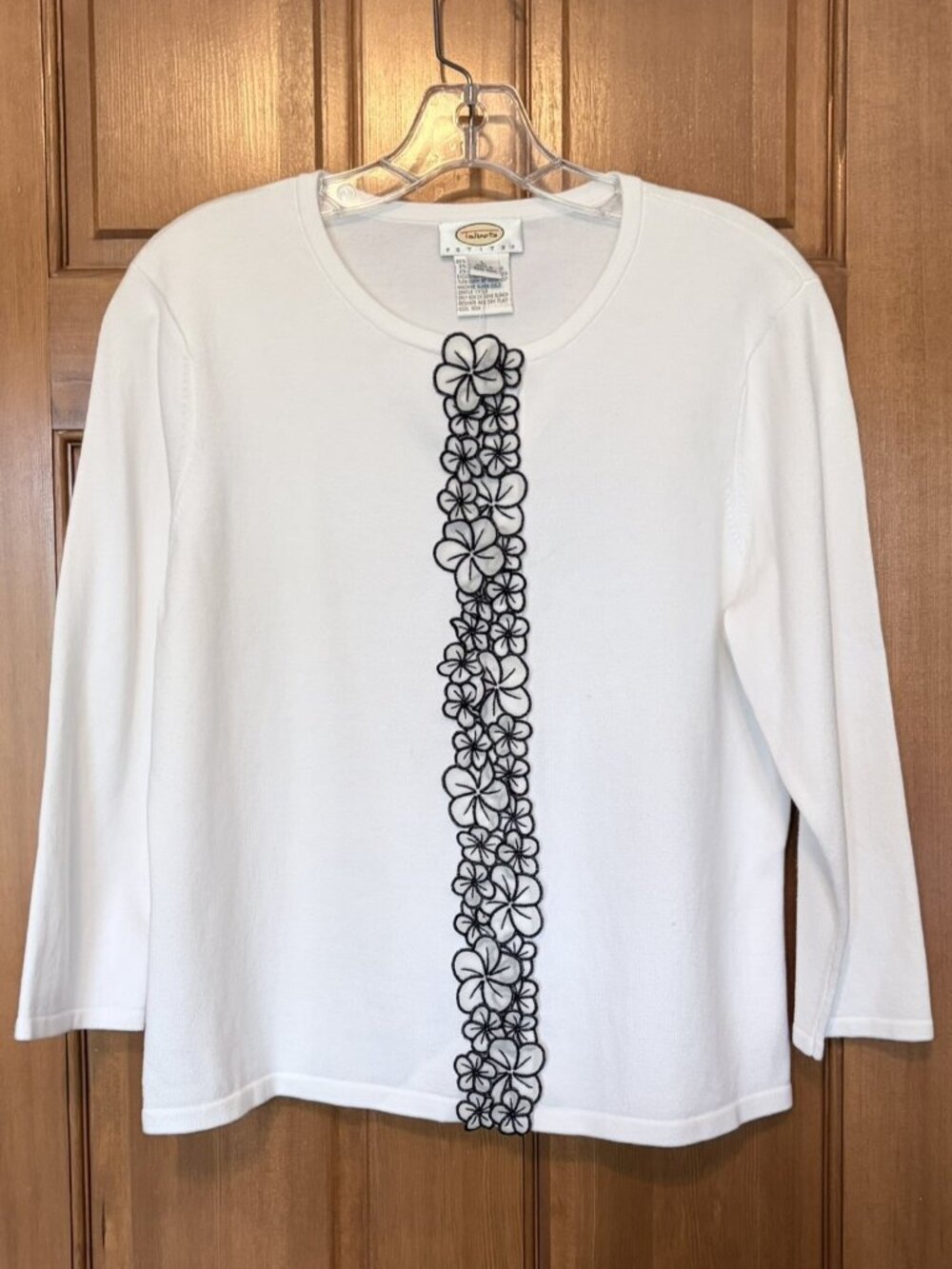 Talbots Petites White 3/4 Sleeve Cardigan Black Floral Embellishment Petite Lg